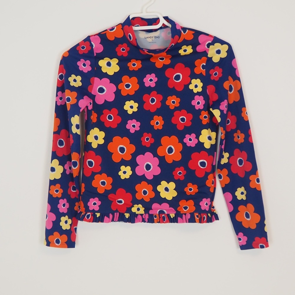 Land‎ End Girls Long Sleeve Floral Rashguard Size 12 Ruffle Hem Swimsuit UPF